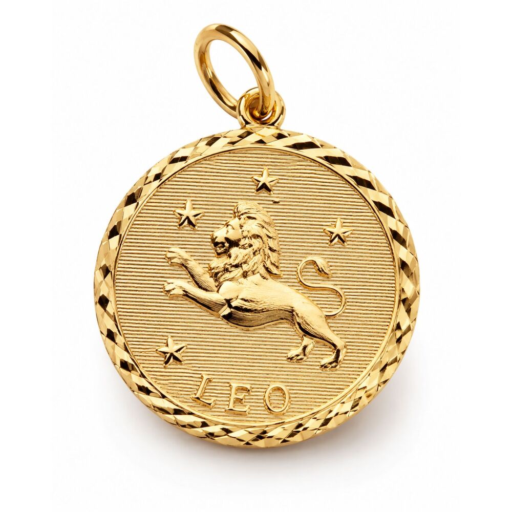 14KT Gold EP Leo Zodiac Diamond Cut Charm Pendant Gold Tone Astrology Penny Size